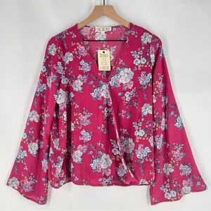 Pink Rose Women's Crepe Floral Flare Sleeve Crossover V-Neck Faux Wrap Top NWT L